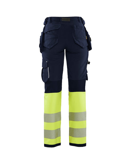 Blaklader Women's Hi-Vis 4-Way-Stretch Trousers 7193 #colour_navy-blue-hi-vis-yellow