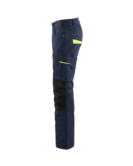 Blaklader Service Trousers with Stretch 1495 #colour_dark-navy-blue-hi-vis-yellow