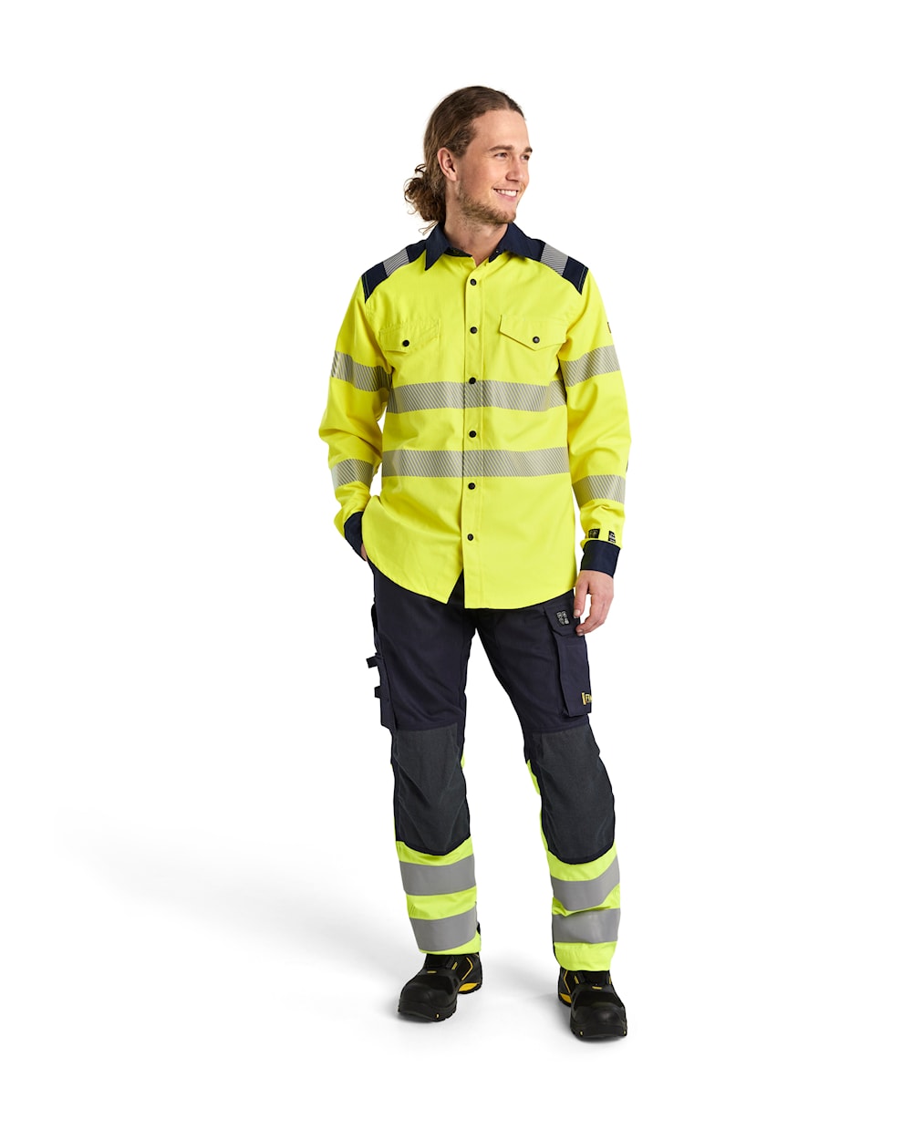 Blaklader Multinorm Shirt 3239 #colour_hi-vis-yellow-navy-blue