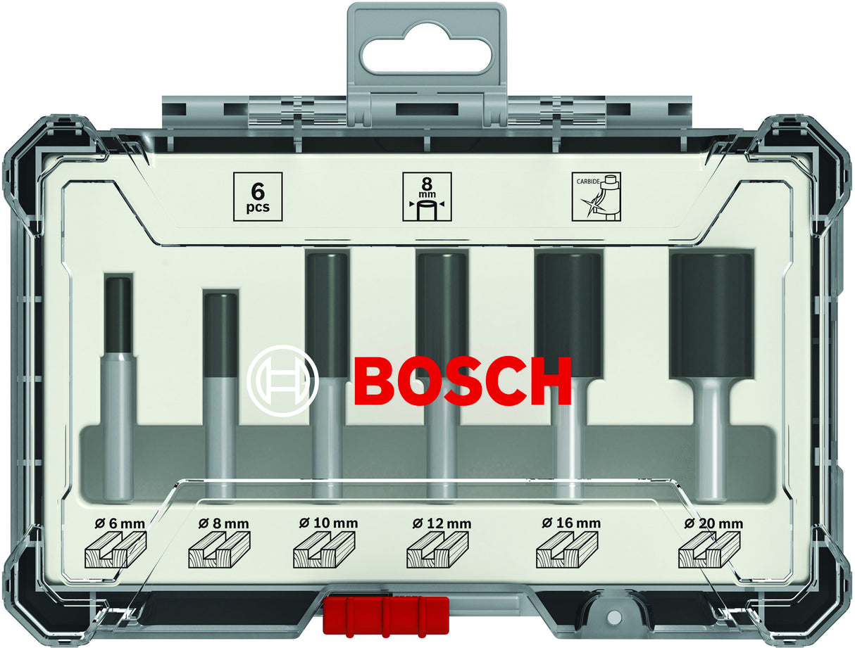 Bosch Professional Router Bit Set 6 pcs Straight 1/4" shank 6-piece Straight Router Bit Set.