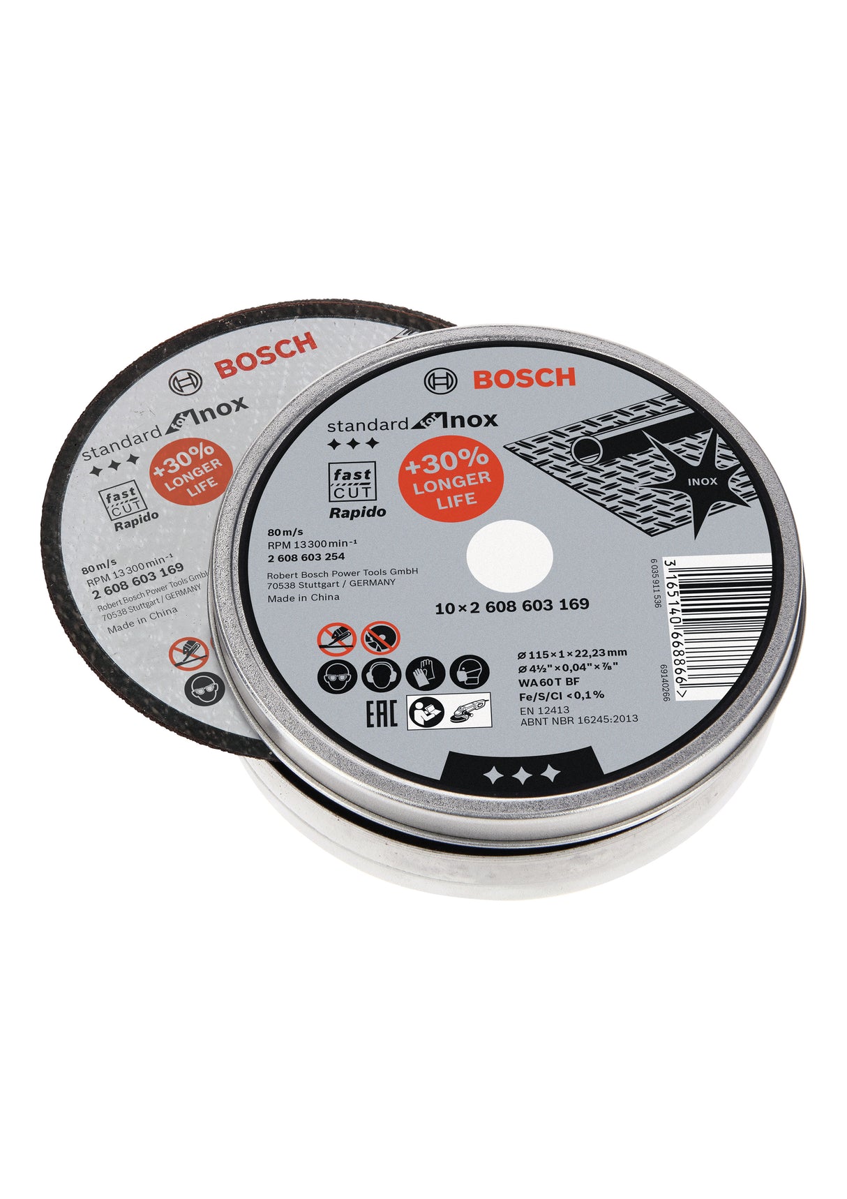 Bosch Professional Inox Cutting Disc - Rapido Straight WA 60 T BF, 115mm x 22.23mm x 1.0mm (Pack of 10)