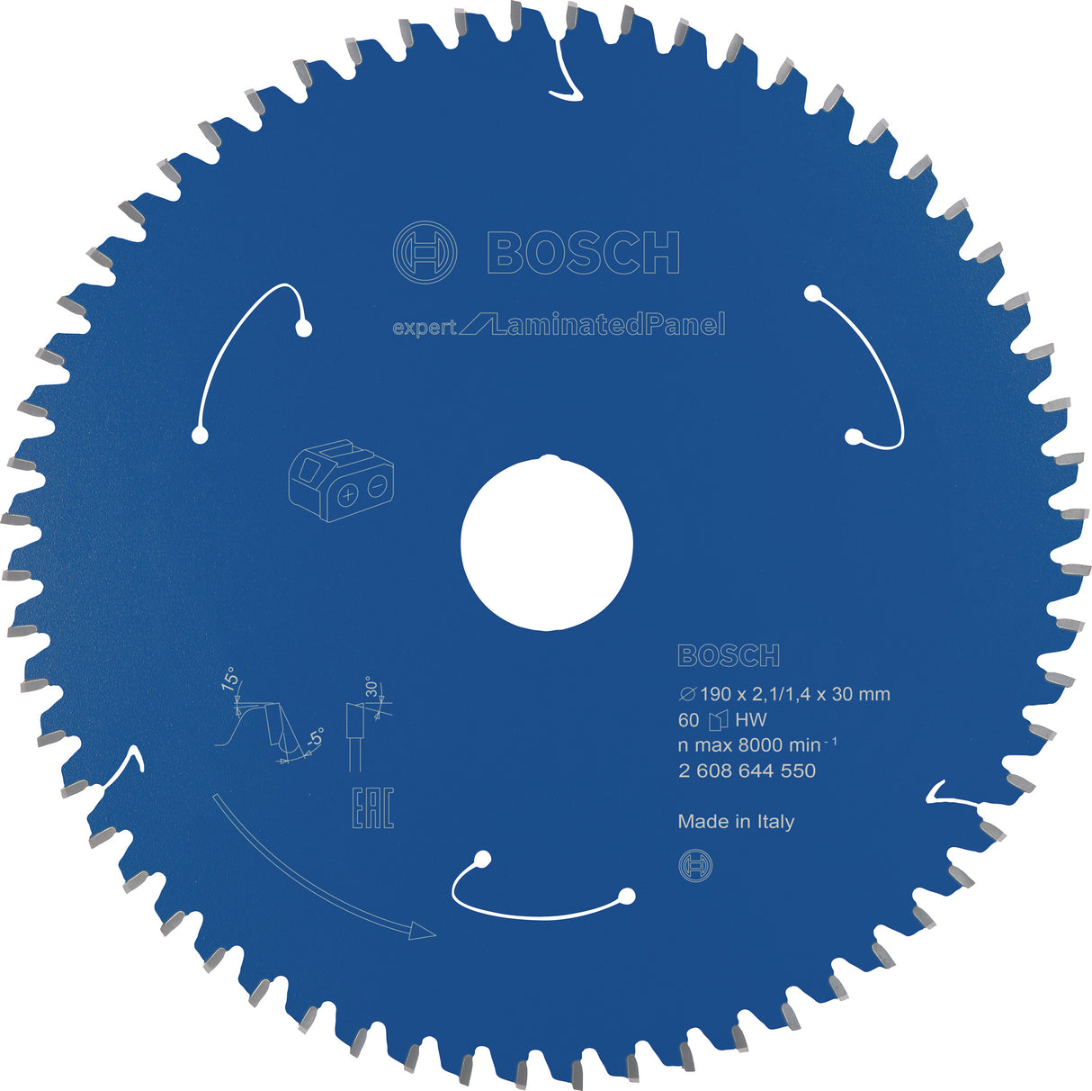 Bosch Professional Expert Circular Saw Blade for Cordless Saws - Laminated Panel, 190x2.1/1.4x30 T60