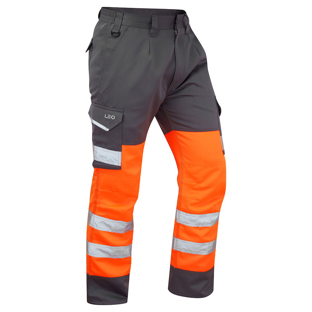 Leo Workwear BIDEFORD Leo EcoViz Poly/Cotton Cargo Trouser - Hi-Vis Orange/Grey