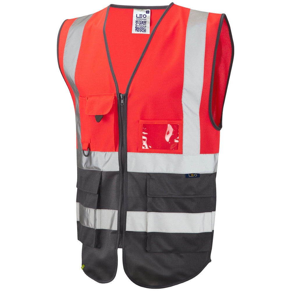 Leo Workwear LYNTON Leo EcoViz Superior Waistcoat - Hi-Vis Red/Grey