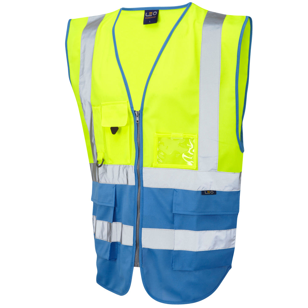 Leo Workwear LYNTON Leo EcoViz Superior Waistcoat - Hi-Vis Yellow/Deep Sky Blue