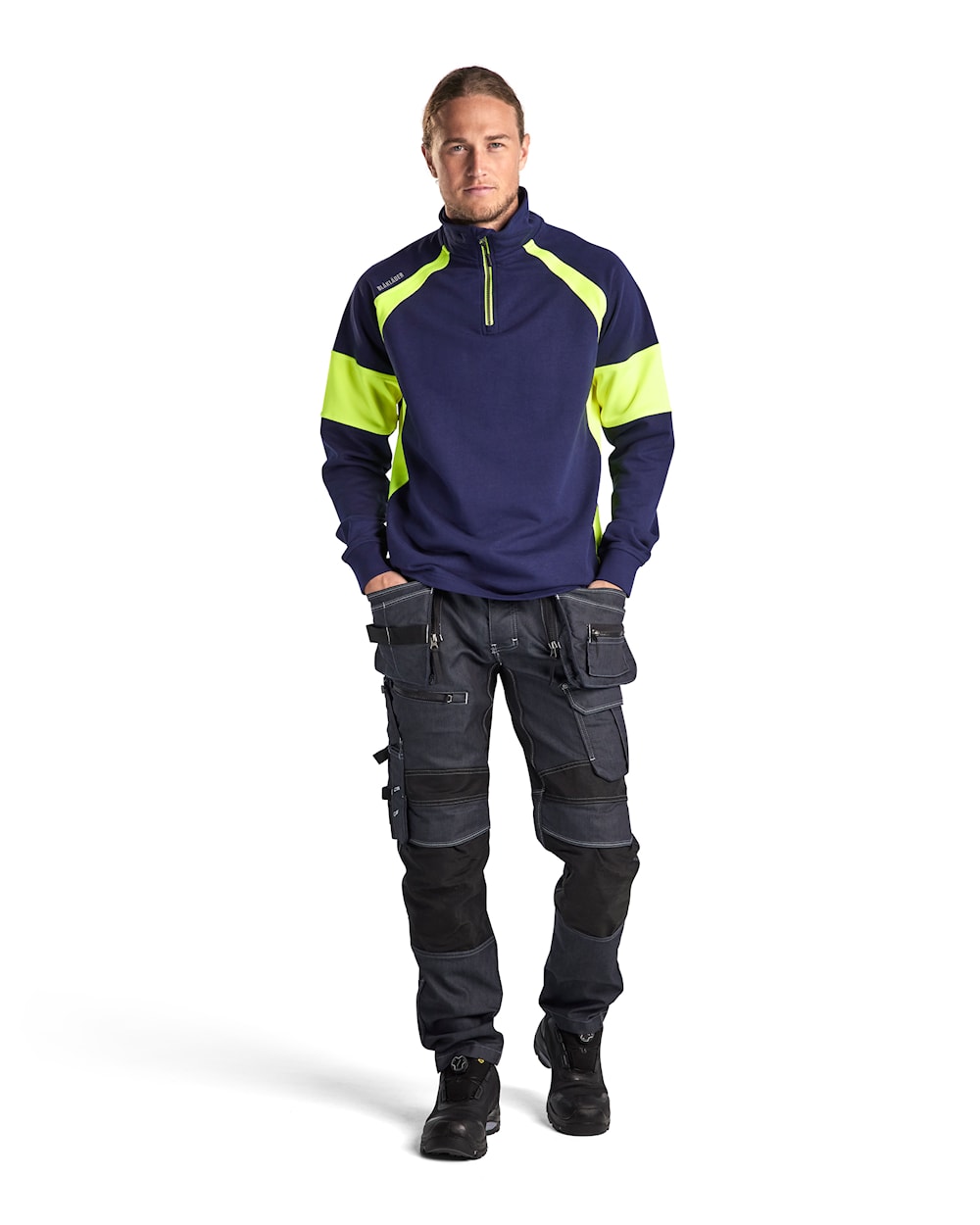 Blaklader Sweatshirt with Hi-Vis Panels 3550 #colour_navy-blue-hi-vis-yellow