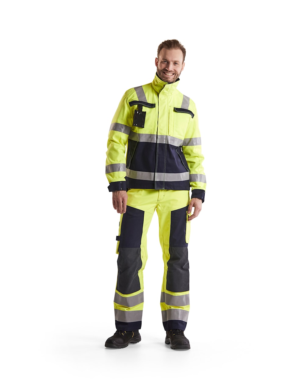 Blaklader Multinorm Jacket 4087 #colour_hi-vis-yellow-navy-blue