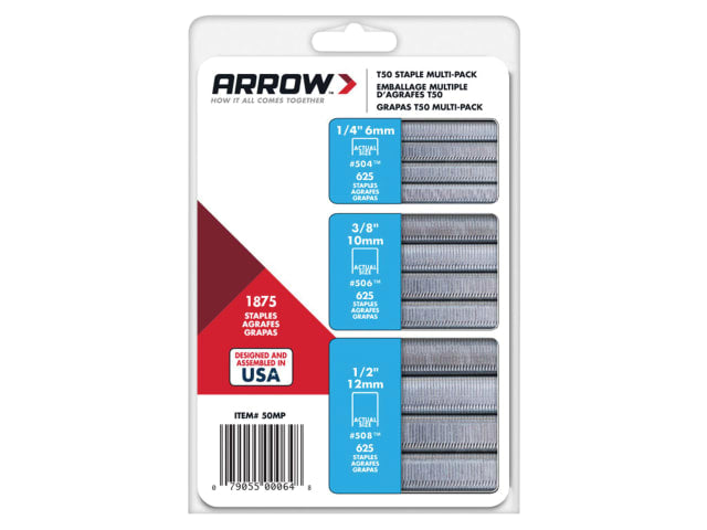 Arrow T50 Staples Multi Pack 6mm 10mm & 12mm (Box 1875, 3 x 625)