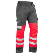 Leo Workwear BIDEFORD Leo EcoViz Poly/Cotton Cargo Trouser - Hi-Vis Red/Grey