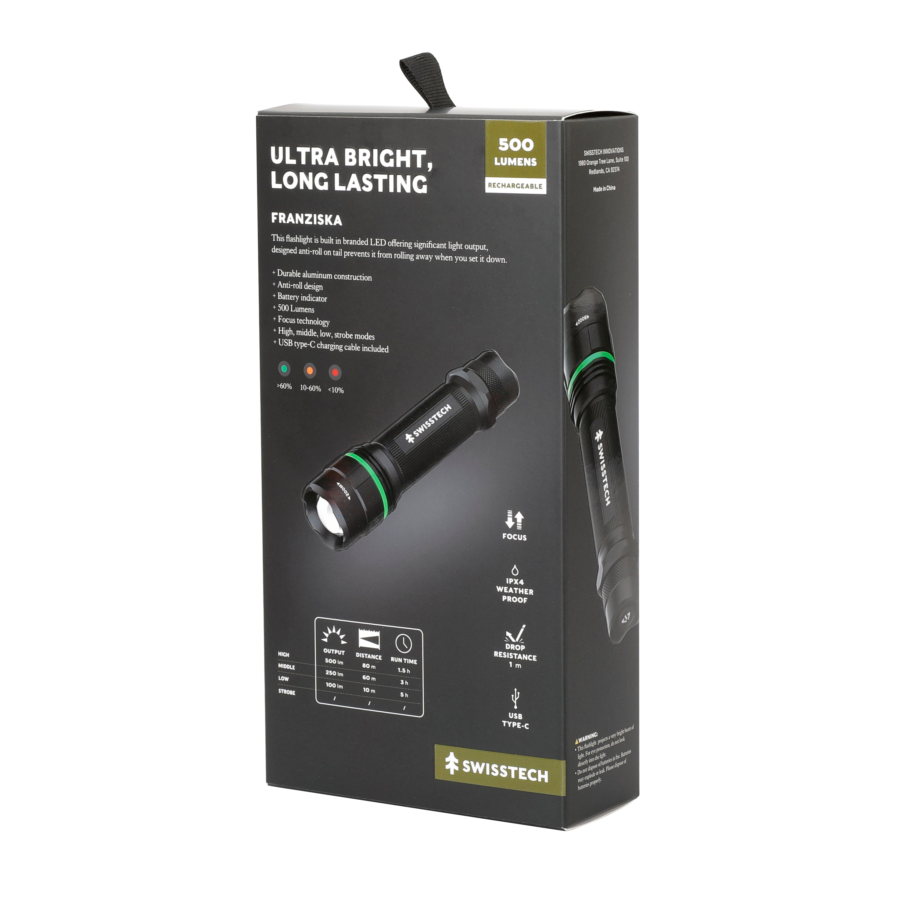 Scruffs Swiss-Tech Rechargeable LED Flashlight - USB Rechargeable Torch - 18650 & 3 x AAA Compatible