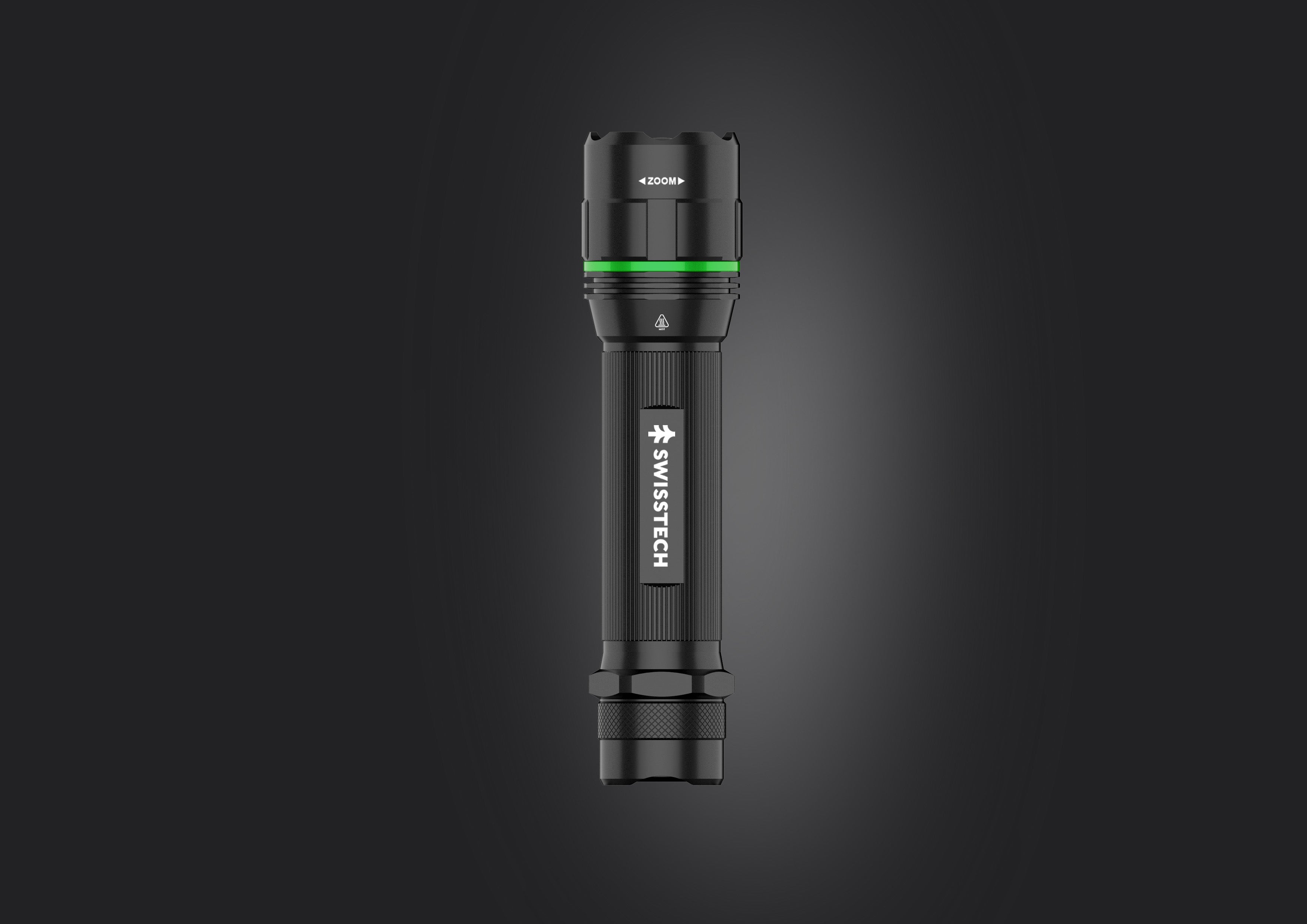 Scruffs Swiss-Tech Rechargeable Focus LED Flashlight - USB Rechargeable Zoom Torch - 18650 & 3 x AAA Compatible