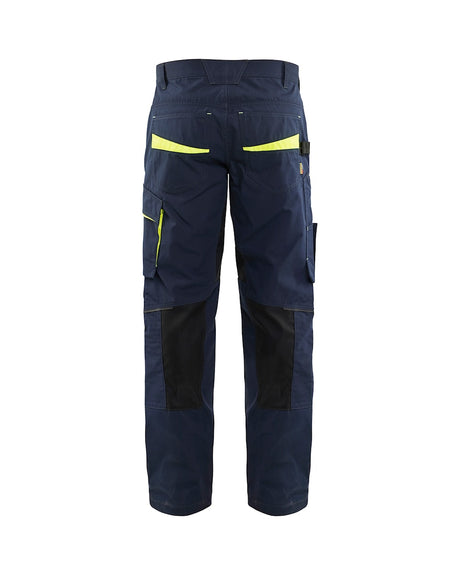 Blaklader Service Trousers with Stretch 1495 #colour_dark-navy-blue-hi-vis-yellow