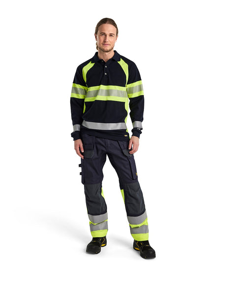 Blaklader Multinorm Inherent Trousers with Stretch 1487 #colour_navy-blue-hi-vis-yellow