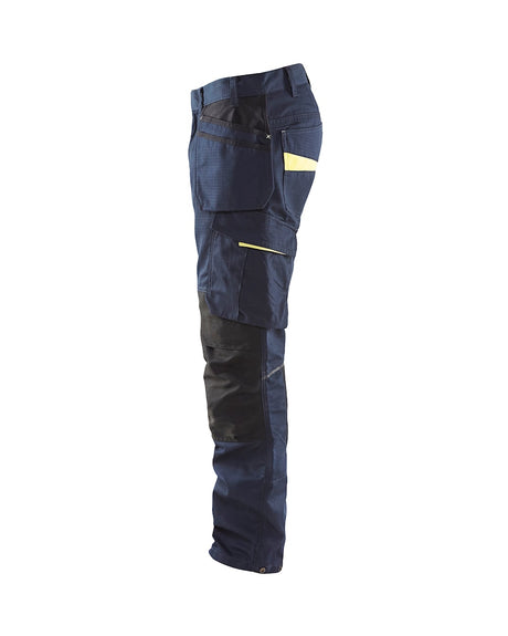 Blaklader Service Trousers with Stretch And Nail Pockets 1496 #colour_dark-navy-blue-hi-vis-yellow