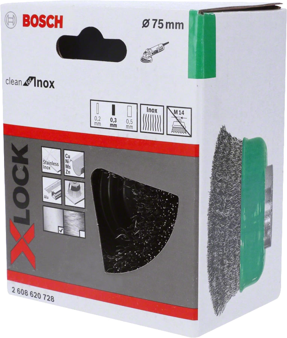 Bosch Professional X-LOCK Cup Brush - Crimped, Stainless Steel, 75mm, 0.3mm Thickness