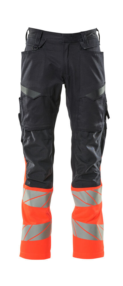 Mascot Accelerate Safe Trousers with Kneepad Pockets - Dark Navy/Hi-Vis Red #colour_dark-navy-hi-vis-red