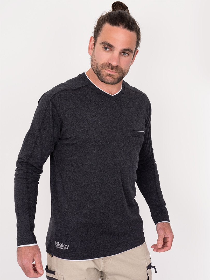 Bisley Flex & Move Long Sleeve Cotton V Neck T-Shirt